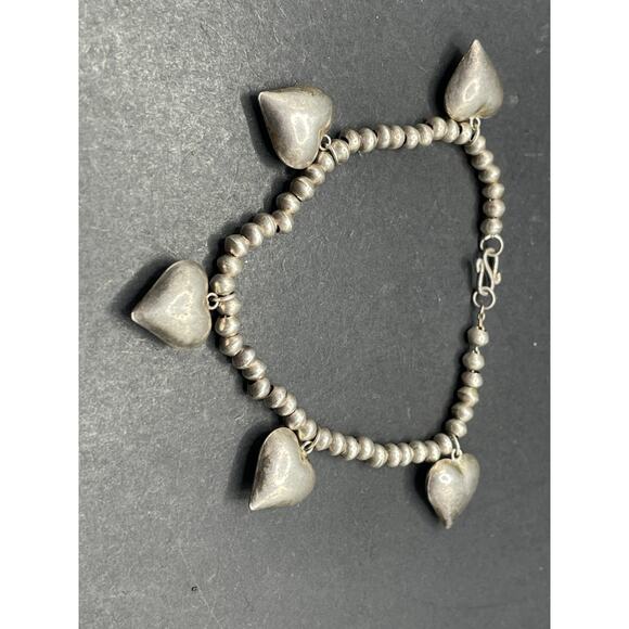 Vintage Silver Tone Bead Ball & Puffed Hearts Charms Bracelet Sz 6 1/4" 11.10g - Picture 2 of 9